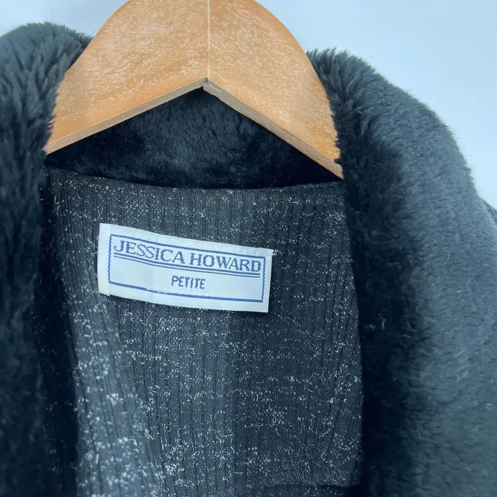 Vintage Jessica Howard Petite Black Long Cardigan Coat Faux Fur Button Front Med